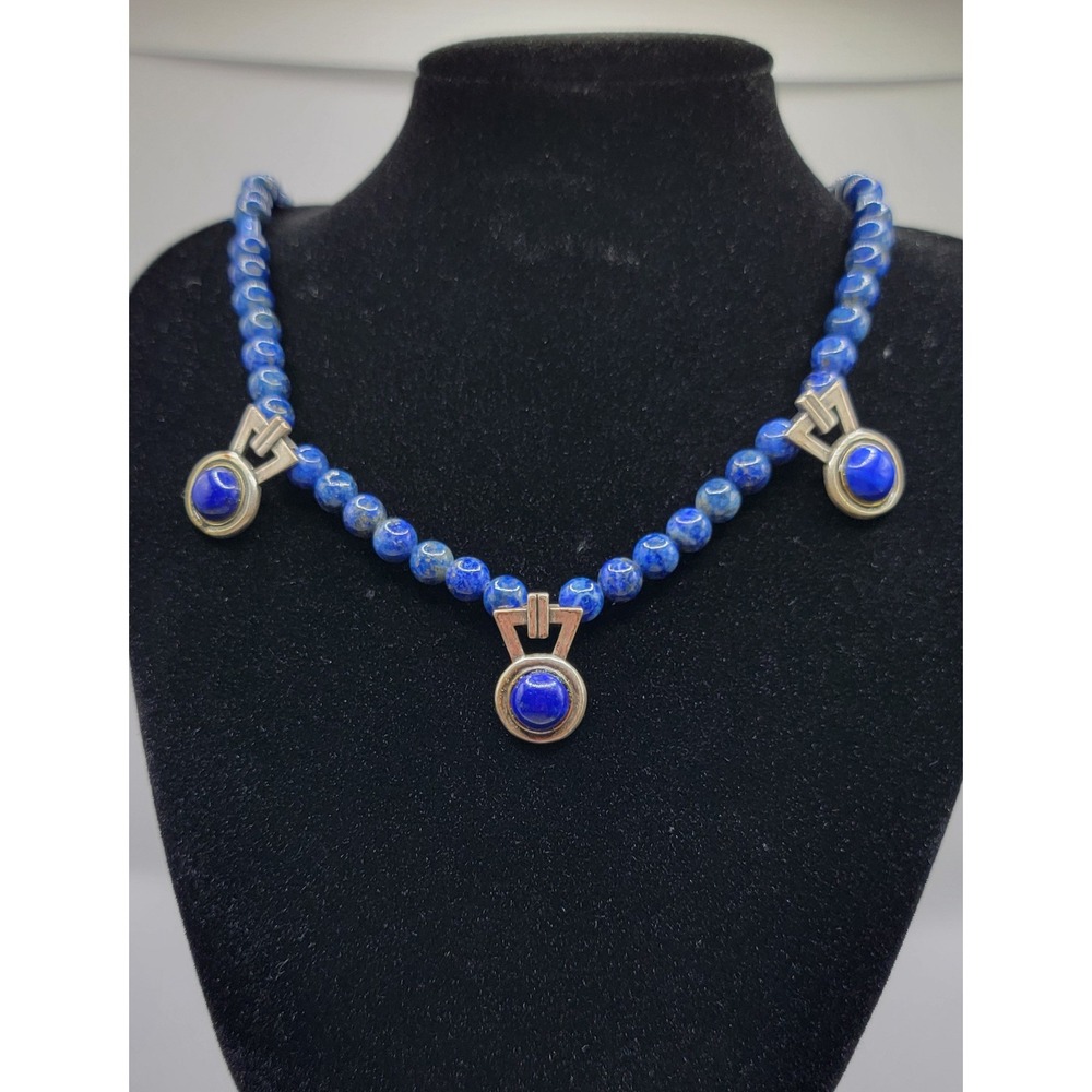Vintage 925 Sterling Silver Lapis Lazuli Beaded Necklace Geometric Pendants 17"